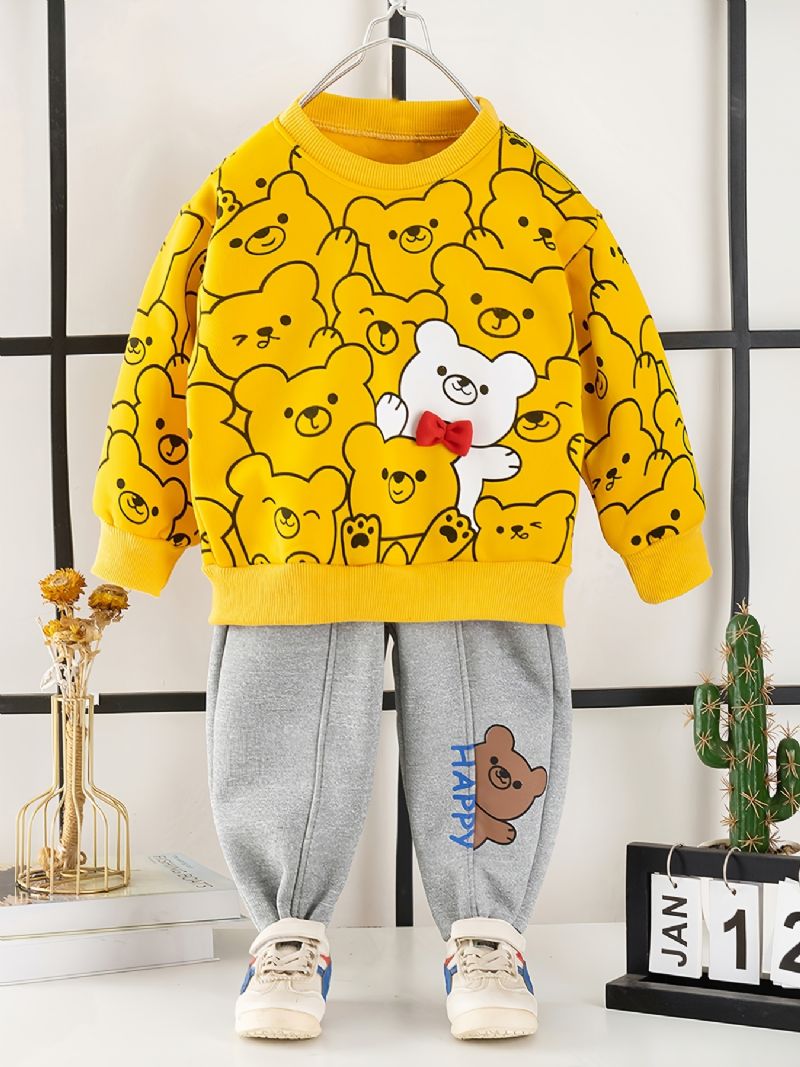 2 Stk Baby Drenge Tegneserie Bjørnetryk Pullover Med Rund Hals Langærmet Sweatshirt Og Buksesæt Børnetøj