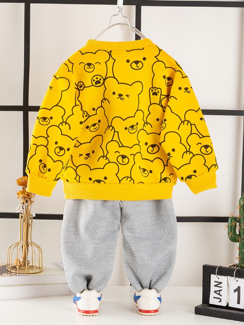 2 Stk Baby Drenge Tegneserie Bjørnetryk Pullover Med Rund Hals Langærmet Sweatshirt Og Buksesæt Børnetøj