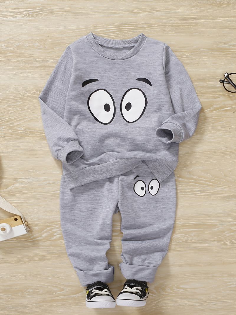 2 Stk Baby Drenge Tegneserie-print Pullover Rundhalset Langærmet Sweatshirt Og Buksesæt Børnetøj
