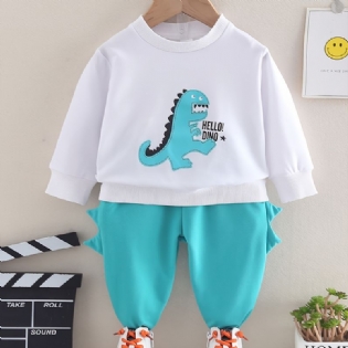 2 Stk Baby Little Dinosaur Print Pullover Rund Hals Langærmet Sweatshirt & Buksesæt Til Piger Drenge