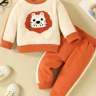 2 Stk Baby Tegneserie Løve Pullover Med Rund Hals Langærmet Sweatshirt & Splejsningsbuksesæt Piger Drenge Børnetøj