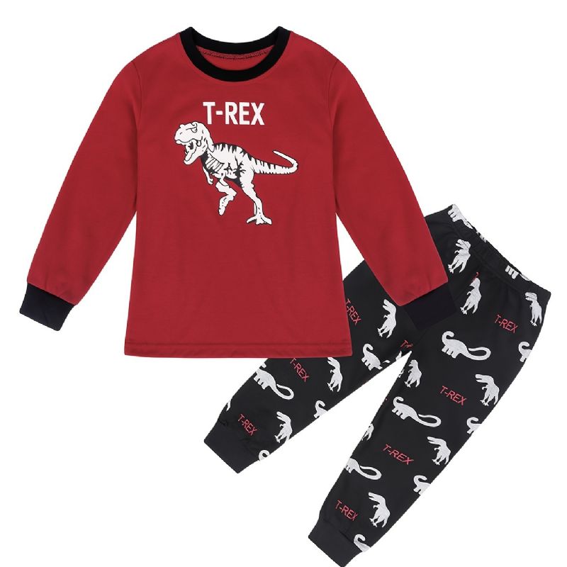 2 Stk Børn Drenge Pyjamas Tegneserie Dinosaur Print Rund Hals Langærmet Top & Bukser Sæt
