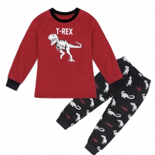 2 Stk Børn Drenge Pyjamas Tegneserie Dinosaur Print Rund Hals Langærmet Top & Bukser Sæt