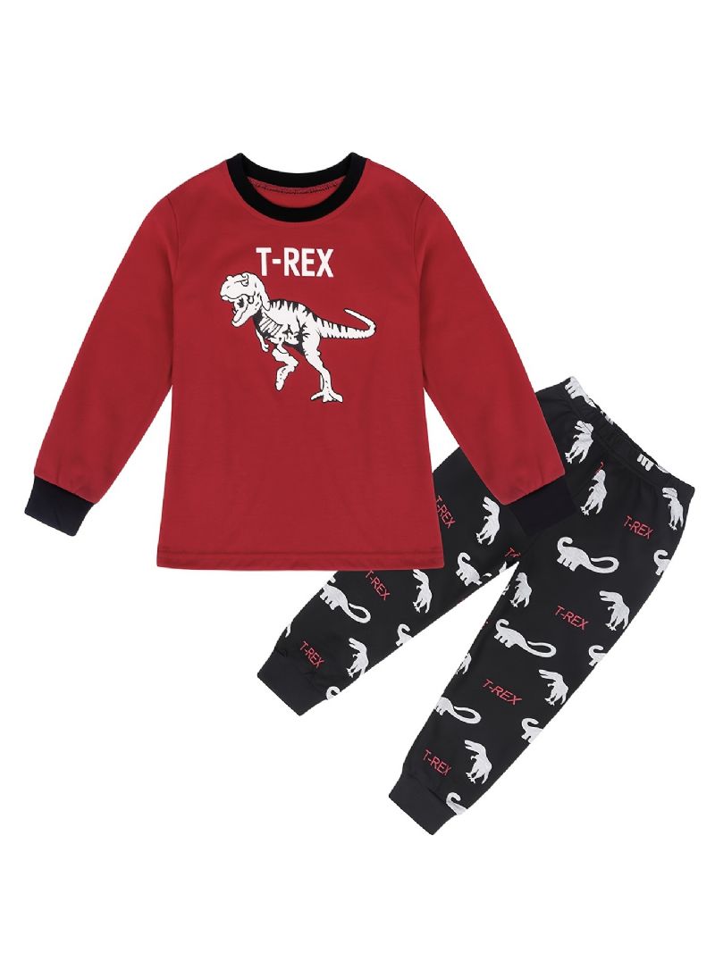 2 Stk Børn Drenge Pyjamas Tegneserie Dinosaur Print Rund Hals Langærmet Top & Bukser Sæt