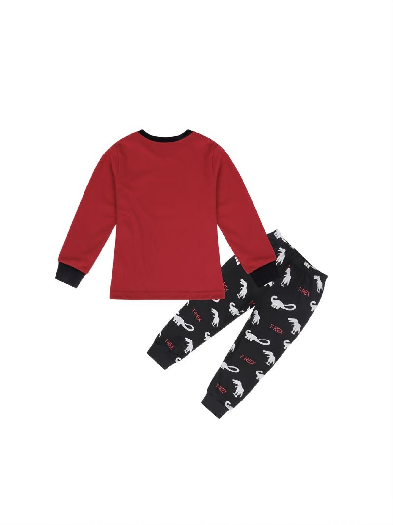 2 Stk Børn Drenge Pyjamas Tegneserie Dinosaur Print Rund Hals Langærmet Top & Bukser Sæt