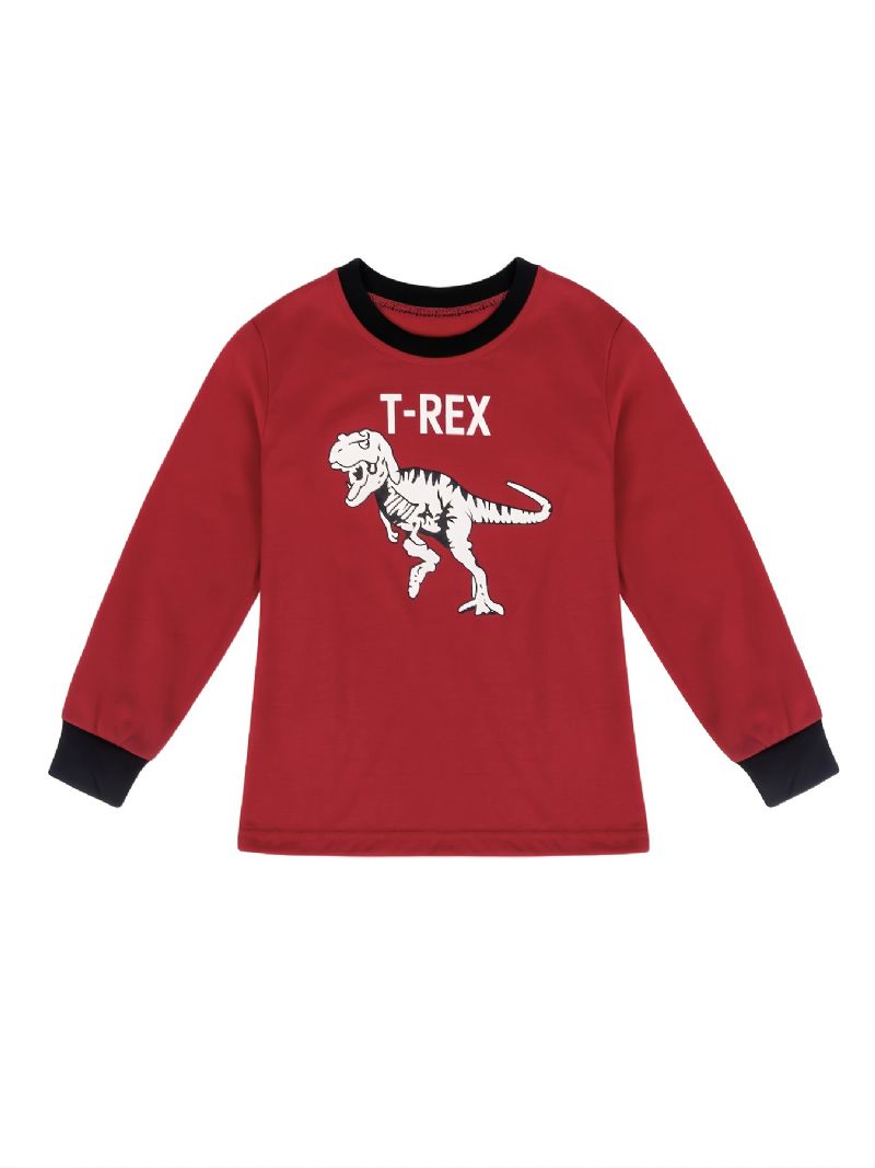 2 Stk Børn Drenge Pyjamas Tegneserie Dinosaur Print Rund Hals Langærmet Top & Bukser Sæt