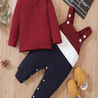 2 Stk. Børnesæt Drenge Og Piger Baby Hyggelig Solid Bomuld Langærmet Top & Colorblock Strik Stribede Bib Bukser