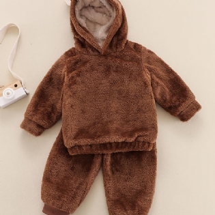 2 Stk Drenge Afslappet Sød Termisk Fleece Solid Hættetrøje Og Bukser Til Vinter