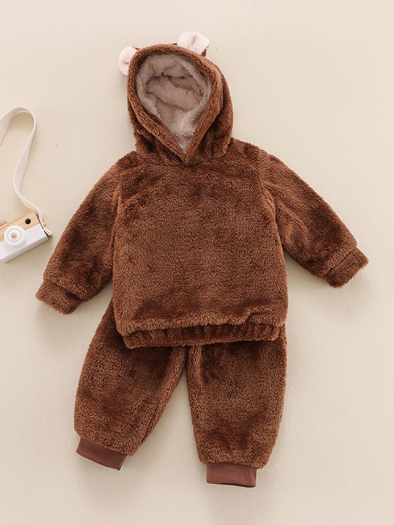 2 Stk Drenge Afslappet Sød Termisk Fleece Solid Hættetrøje Og Bukser Til Vinter