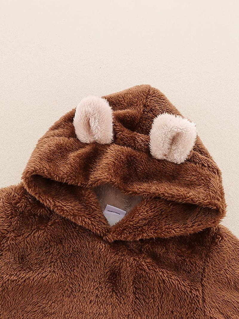 2 Stk Drenge Afslappet Sød Termisk Fleece Solid Hættetrøje Og Bukser Til Vinter
