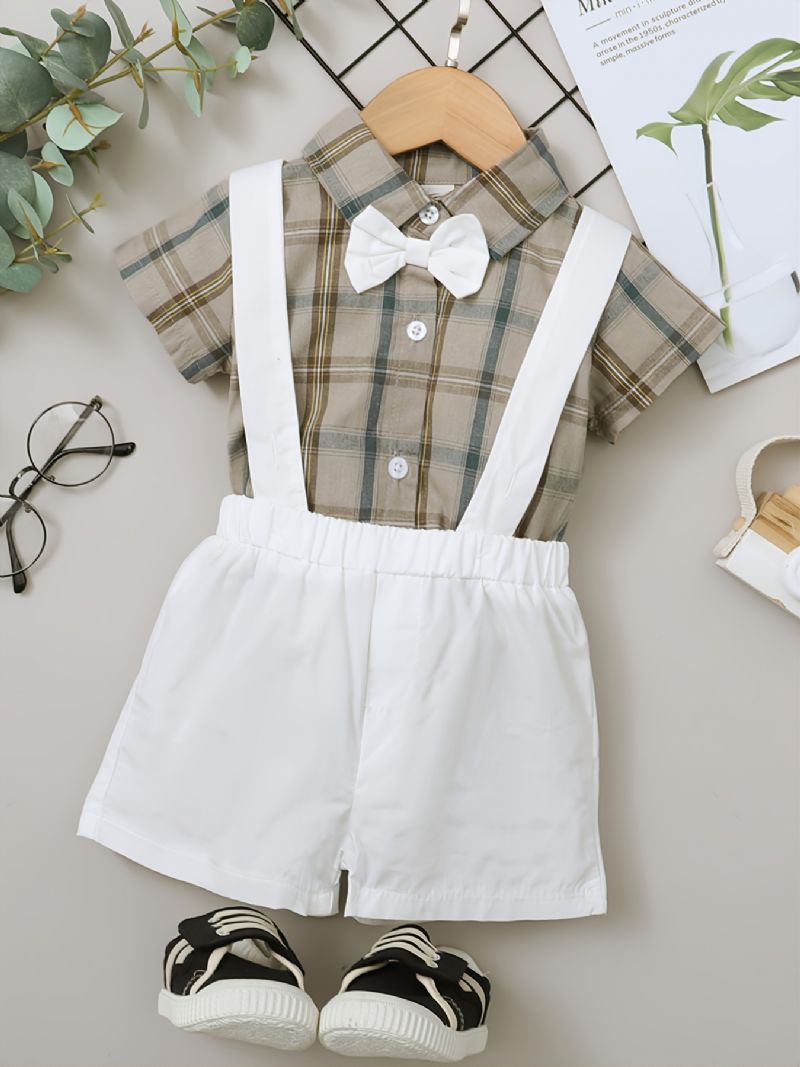 2 Stk Drenge Bodysuit Sæt Casual Plaid Bomuld Kortærmet & Ensfarvet Bibbed Shorts Sæt