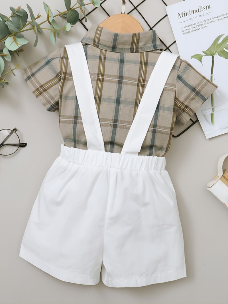 2 Stk Drenge Bodysuit Sæt Casual Plaid Bomuld Kortærmet & Ensfarvet Bibbed Shorts Sæt