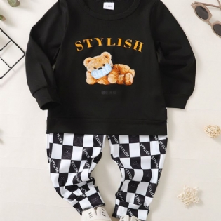 2 Stk Drenge Casual Bear Grafisk Mønster Sweatshirts & Ternede Print Bukser Sæt