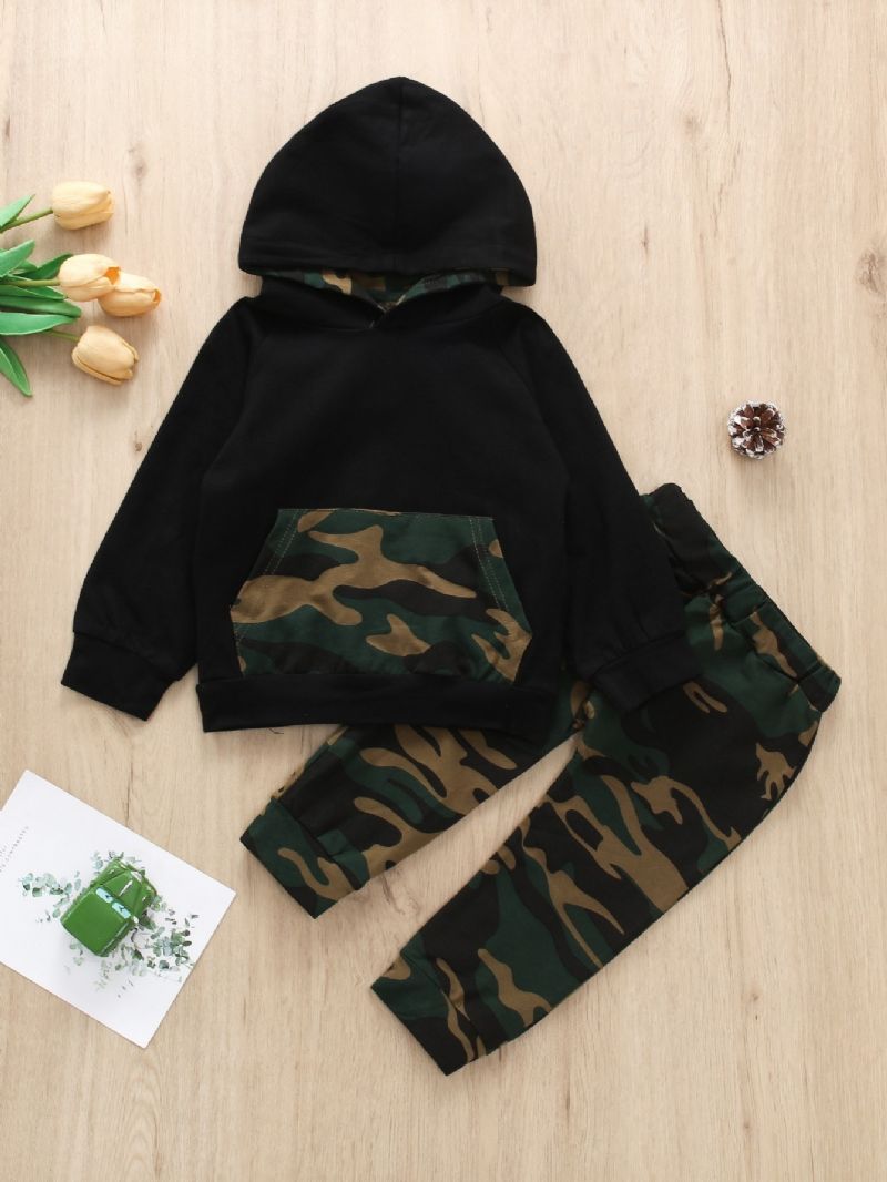 2 Stk Drenge Casual Camo Print Hætte Langærmede Bukser Sæt