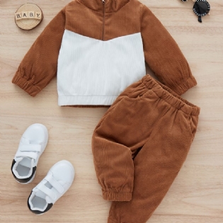 2 Stk Drenge Casual Langærmede Kontrastfarve Lynlås Pullover Sweatshirt Top Solid Elastisk Taljebuksesæt Tøj