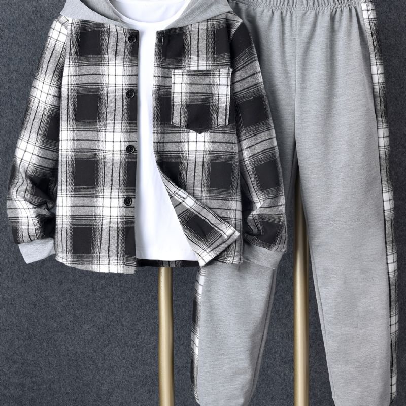 2 Stk. Drenge Casual Langærmet Plaid Hættejakke & Sweatpants Sæt Til Vinter