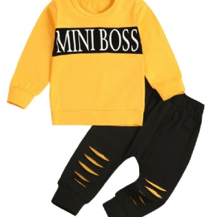 2 Stk Drenge Casual Sæt Med Mini Boss Print Active Pullover Sweatshirt & Rippede Joggingbukser Til Vinter