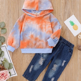 2 Stk Drenge Casual Tie Dye Hættetrøje & Ripped Denim Jeans Sæt Til Vinter