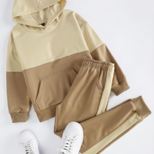 2 Stk Drenge Hætte Farveblok Langærmet Sweatshirt & Bukser Sæt