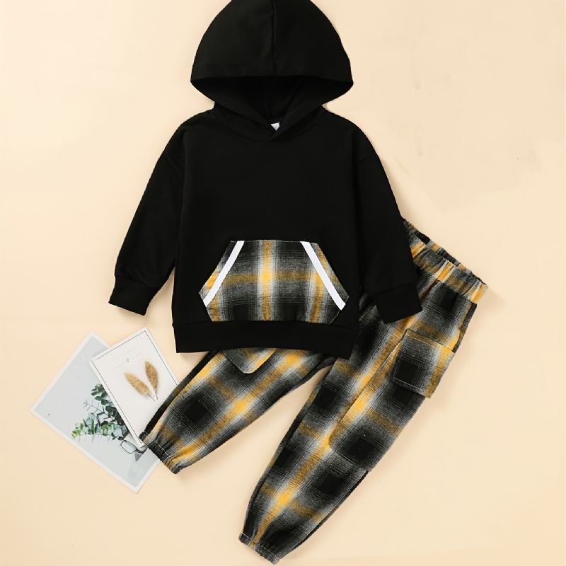 2 Stk Drenge Hætte Langærmet Plaid Sweatshirt Sæt