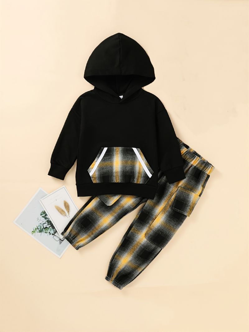 2 Stk Drenge Hætte Langærmet Plaid Sweatshirt Sæt