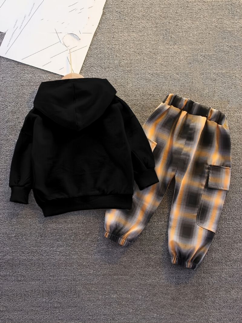 2 Stk Drenge Hætte Langærmet Plaid Sweatshirt Sæt