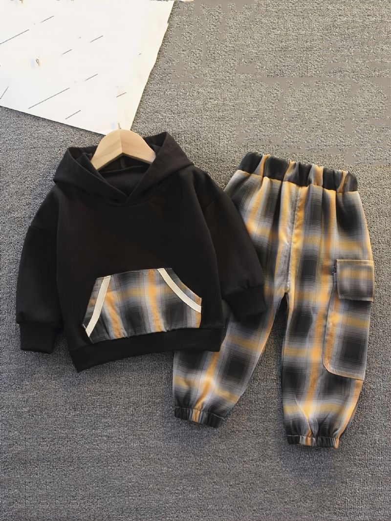 2 Stk Drenge Hætte Langærmet Plaid Sweatshirt Sæt