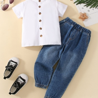 2 Stk Drenge Hvid Knap Foran Kortærmet Top Elastisk Talje Denim Jeans Sæt Tøj