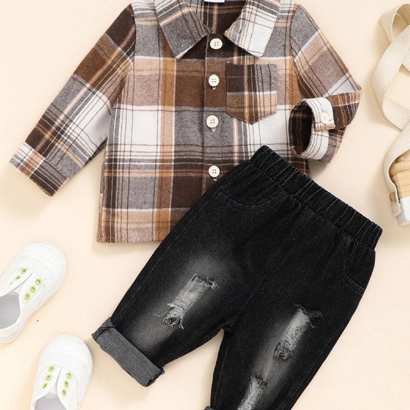 2 Stk Drenge Plaid Skjorte & Rippede Denim Jeans