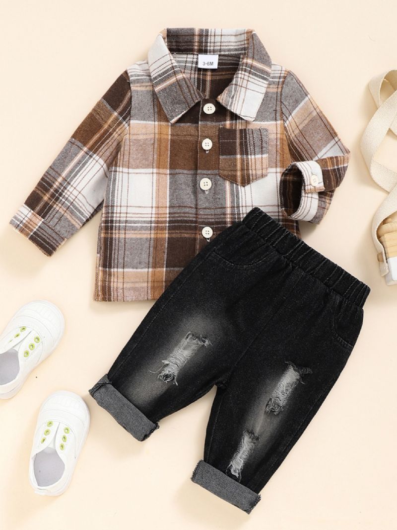2 Stk Drenge Plaid Skjorte & Rippede Denim Jeans