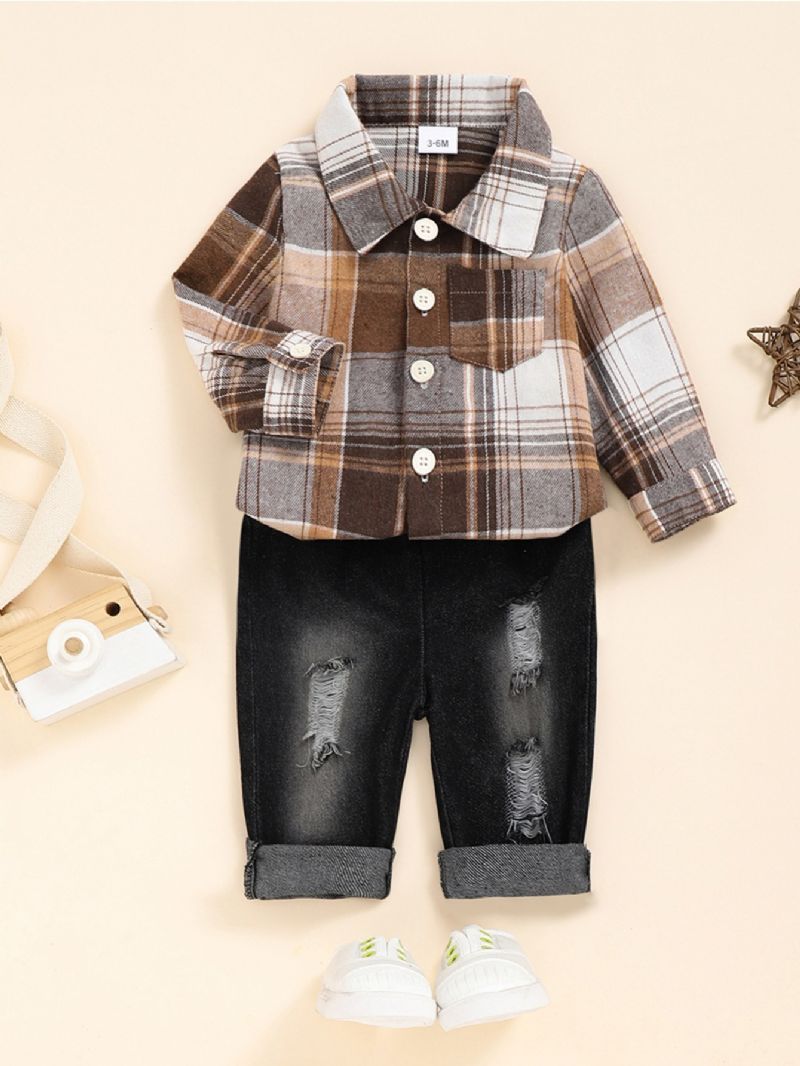 2 Stk Drenge Plaid Skjorte & Rippede Denim Jeans