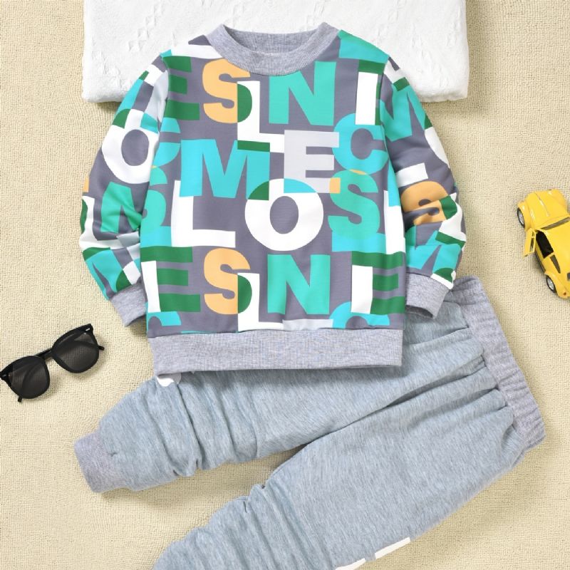 2 Stk Drenge Pullover Brevtryk Rundhalset Langærmet Sweatshirt & Joggerbuksesæt Børnetøj