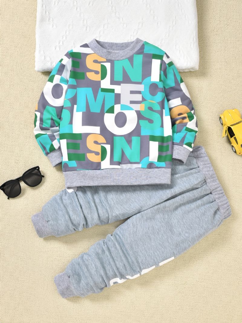 2 Stk Drenge Pullover Brevtryk Rundhalset Langærmet Sweatshirt & Joggerbuksesæt Børnetøj