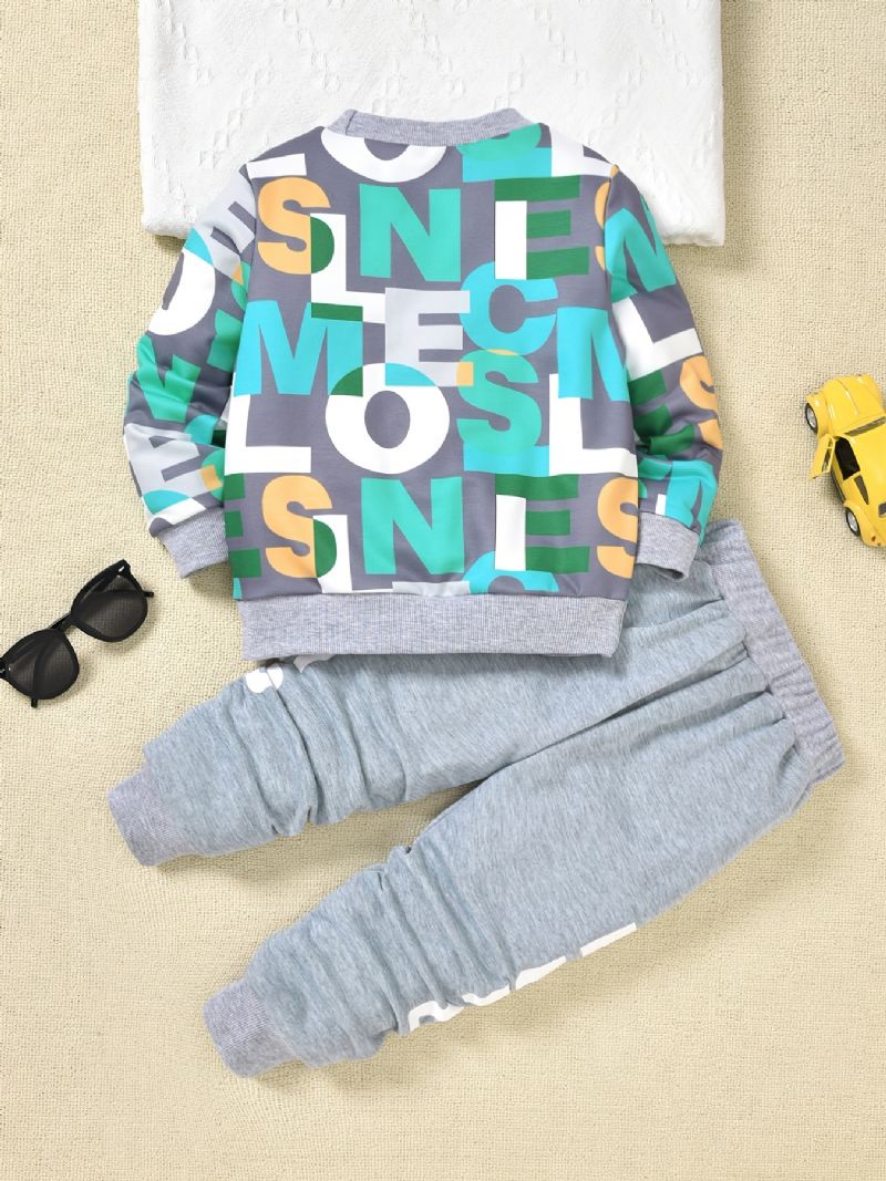 2 Stk Drenge Pullover Brevtryk Rundhalset Langærmet Sweatshirt & Joggerbuksesæt Børnetøj