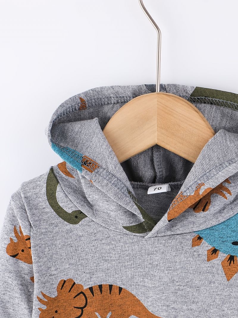 2 Stk Drenge Sød Dinosaur Tegneserie Print Langærmet Hættetrøje Sweatshirt Top Elastiske Taljebukser Sæt Tøj