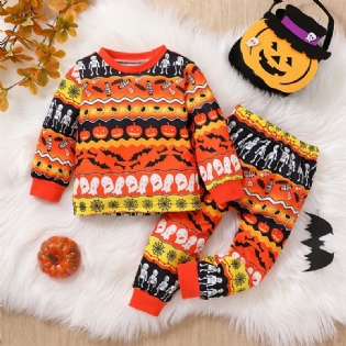 2 Stk Drenge Søde Halloween Print Pyjamas Sæt Med Pullover Sweatshirt & Bukser Til Fest
