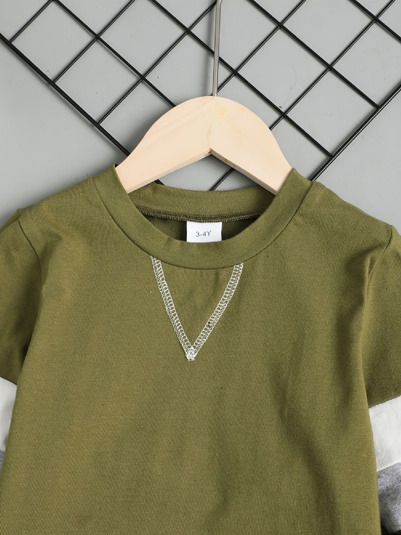 2 Stk Drengebukser Sæt Casual Patchwork-ærmer Top & Bomuldsbukser