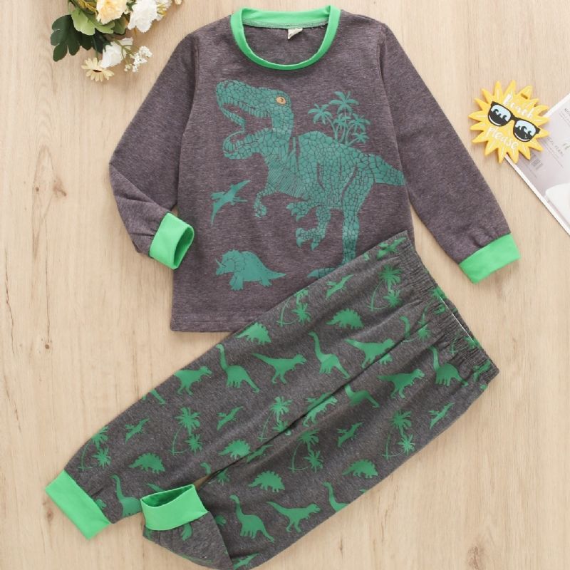 2 Stk Drengetøj Grønt Dinosaur Print Langærmet Casual Sæt