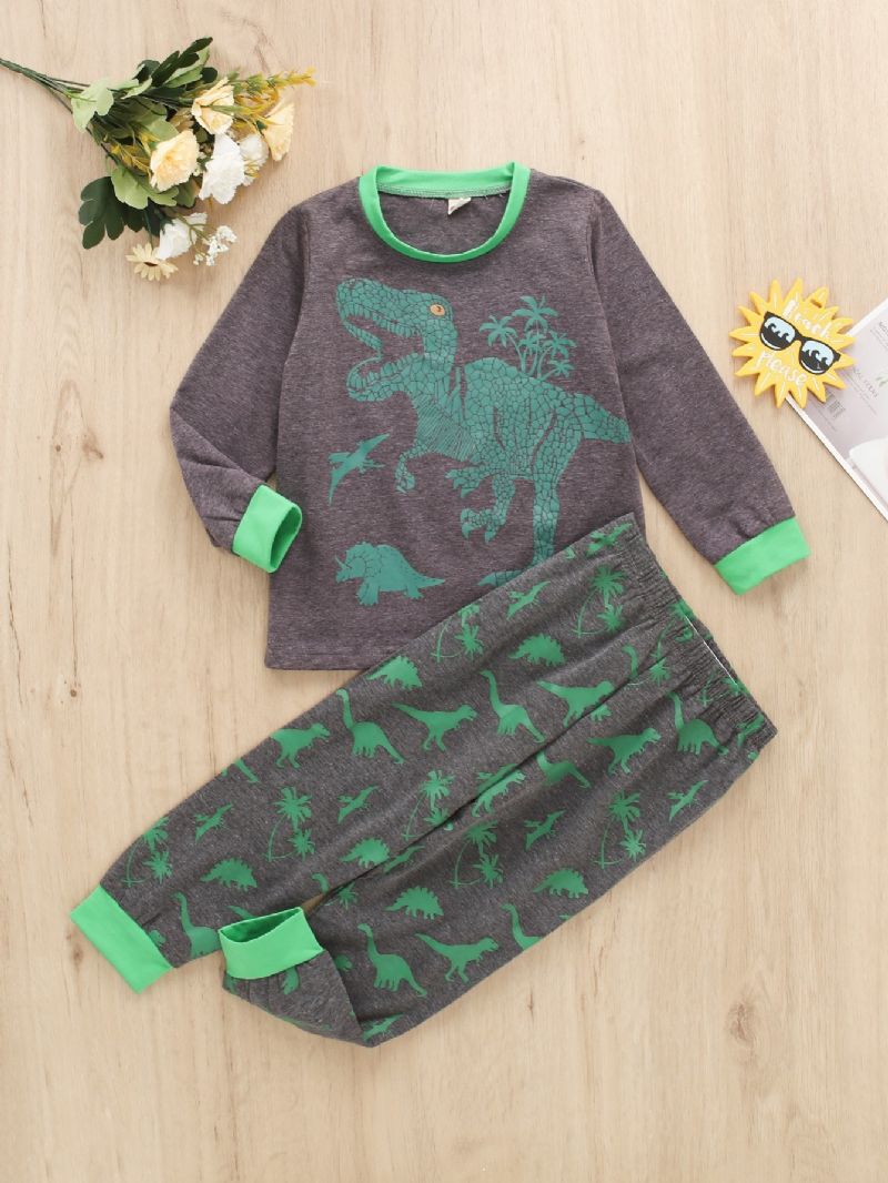 2 Stk Drengetøj Grønt Dinosaur Print Langærmet Casual Sæt