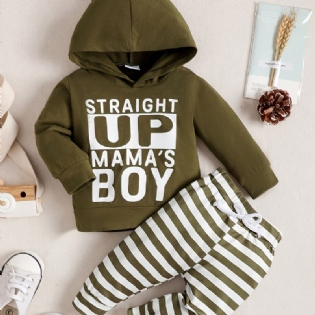 2 Stk Efterår & Vinter Drenge Brevprint Ensfarvet Hætte Langærmet Sweatshirt + Stribede Bukser Sæt