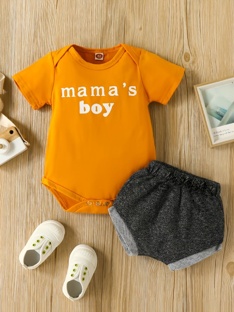 2 Stk Mama's Drenge Letter Print Kortærmet T-shirt Flæse Shorts Baby Sæt