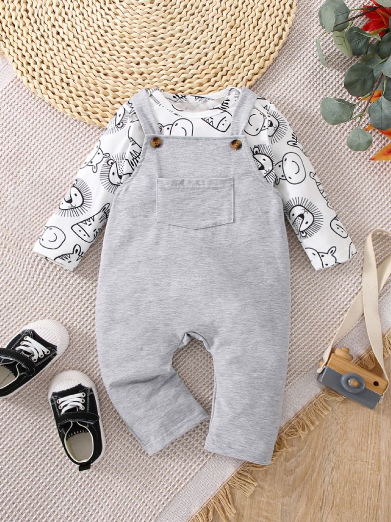 2 Stk Småbørn Baby Tegneserie Dyretryk Langærmet Romper & Overalls Sæt Til Piger Drenge