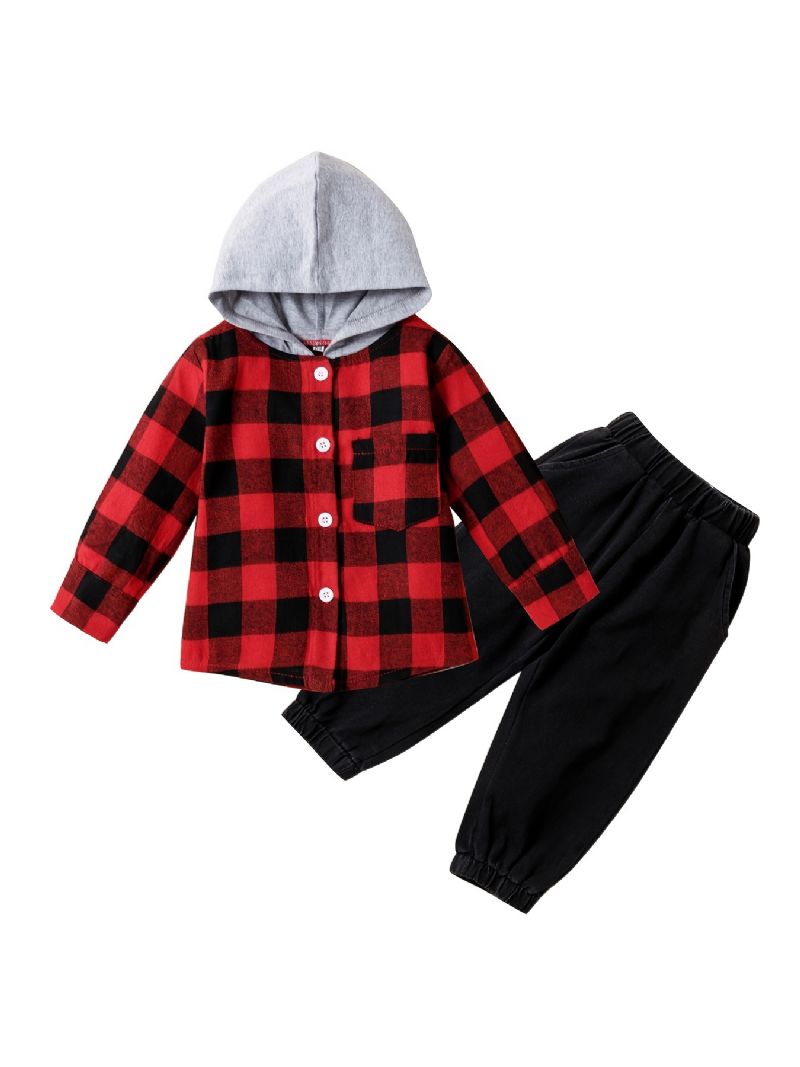 2 Stk Termisk Plaid Hætteskjorte Til Drenge & Denim Jeans Casual Vintage Langærmet Sæt Til Vinter