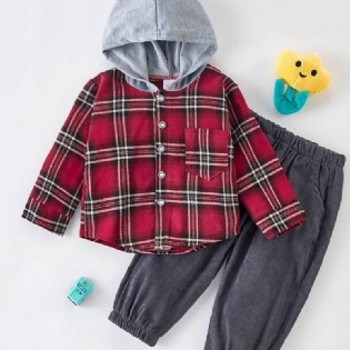 2 Stk. Toddler Drenge Plaid Hættetrøje & Ensfarvede Bukser