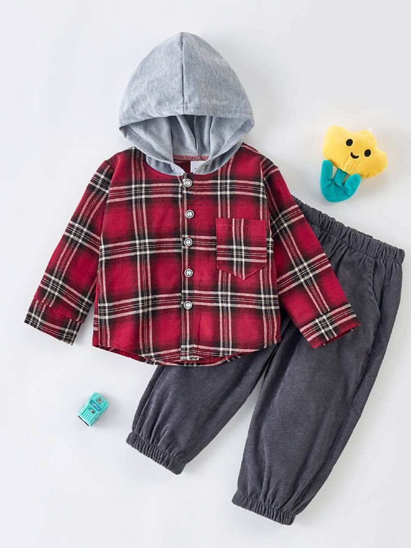 2 Stk. Toddler Drenge Plaid Hættetrøje & Ensfarvede Bukser