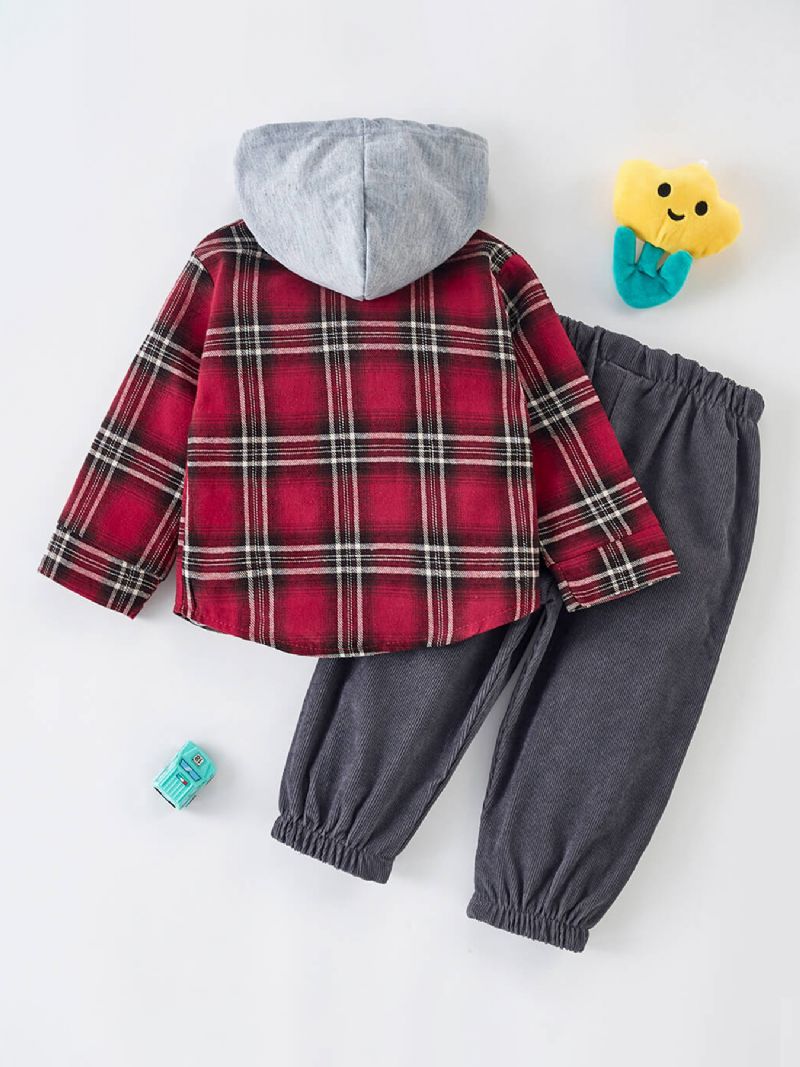 2 Stk. Toddler Drenge Plaid Hættetrøje & Ensfarvede Bukser