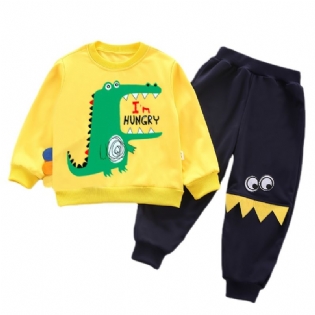 2stk Baby Drenge Tegneserie Dinosaur Print Pullover Rundhals Langærmet Sweatshirt & Bukser Børnetøj Sæt
