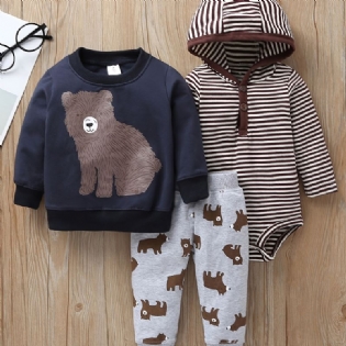 3 Stk Baby Drenge Hætte-bjørnetryk Bodysuit & Sweatshirt & Bukser Sæt Til Efterår Vinter Ny