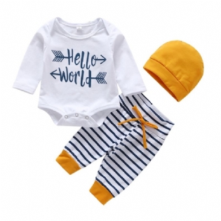 3 Stk Baby Drenge Hello World Letter Print Onesie Top Stribede Bukser Med Hatte Sæt Tøj