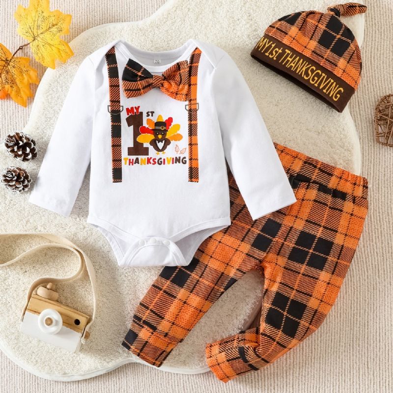 3 Stk Baby Drenge Langærmet Thanksgiving Romper Plaid Bukser Med Hat